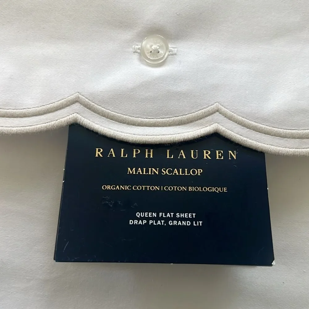 Ralph Lauren Malin Scallop Sateen Flat Sheet in White-Silver Trim, Queen NWT